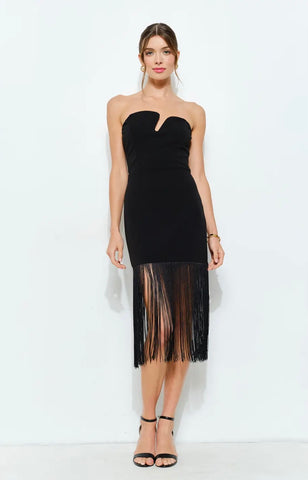 Fringed Strapless Midi Dress