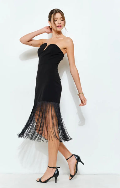 Fringed Strapless Midi Dress