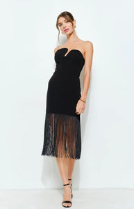 Fringed Strapless Midi Dress