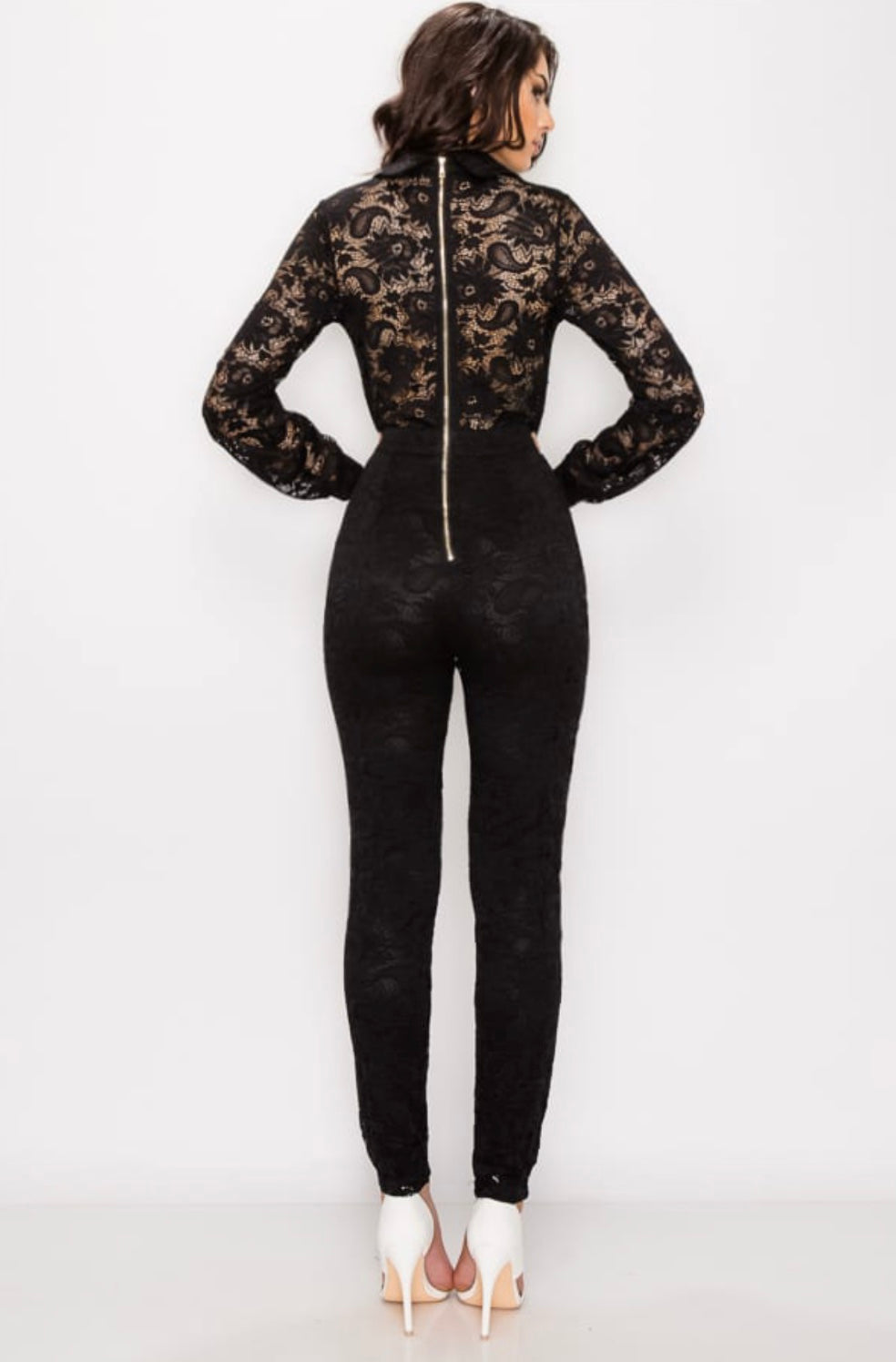 CROCHET LACE JUMPSUIT 90% POLYESTER 10% SPANDEX MODEL IS 5`8″ AND IS WEARING A SMALL   | www.ninetwentyninecouture.com