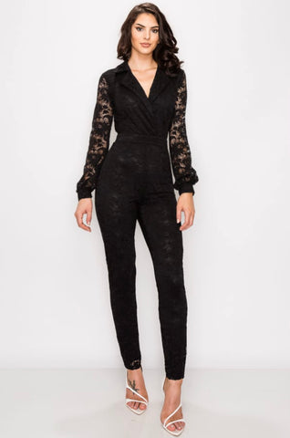 CROCHET LACE JUMPSUIT 90% POLYESTER 10% SPANDEX MODEL IS 5`8″ AND IS WEARING A SMALL  | www.ninetwentyninecouture.com